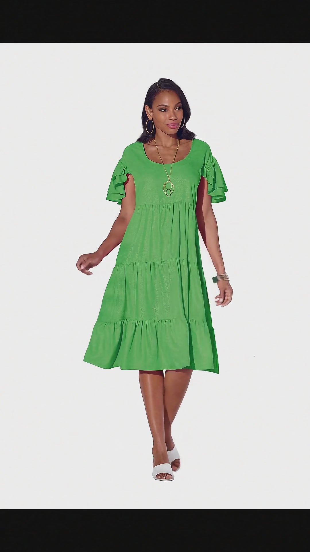 High-quality fashion Apple green dress featuring flutter sleeves and a scoop neck.