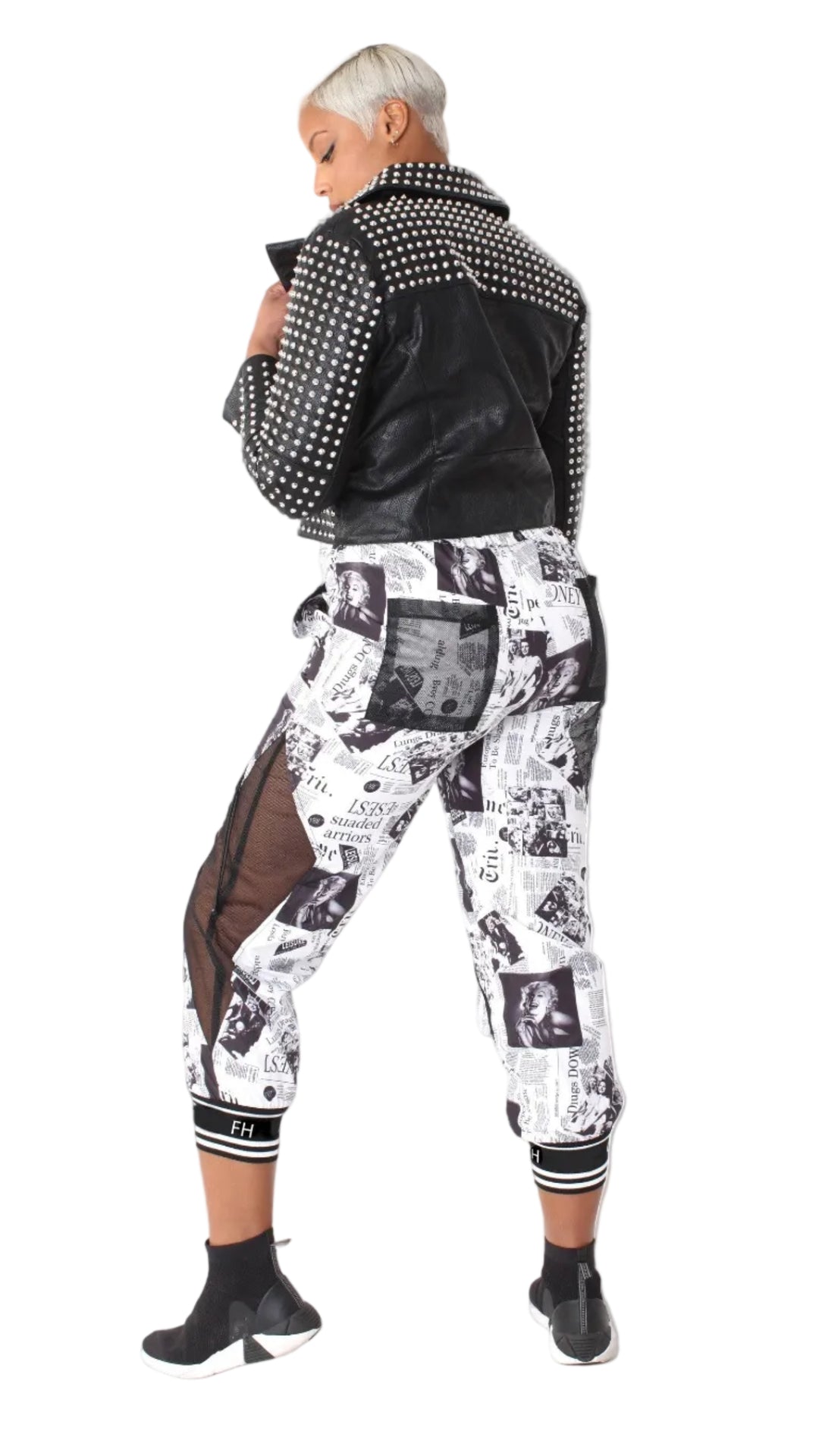 Printed Mesh Patchwork Joggers -81856