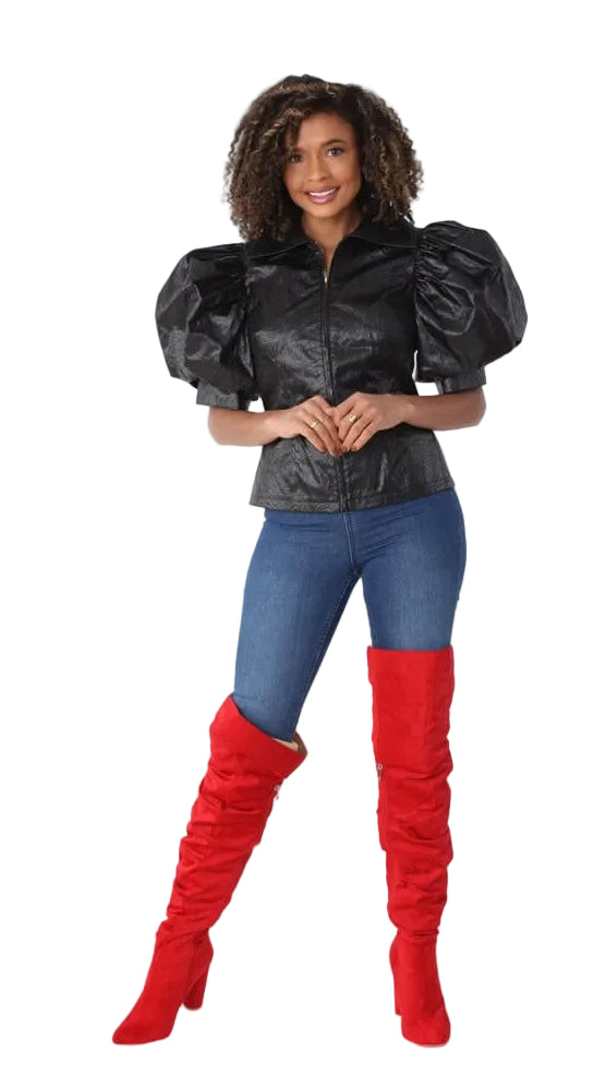 Puff Sleeve Faux Leather Jacket – Style 82014