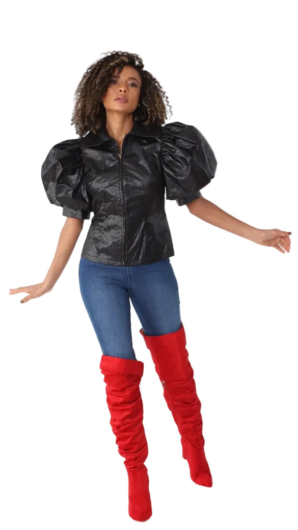 Puff Sleeve Faux Leather Jacket – Style 82014