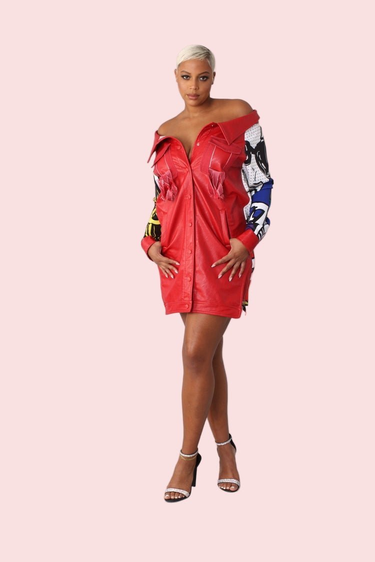 Leather and Printed Sleeve Long Jacket - 81845 - Especially Yours