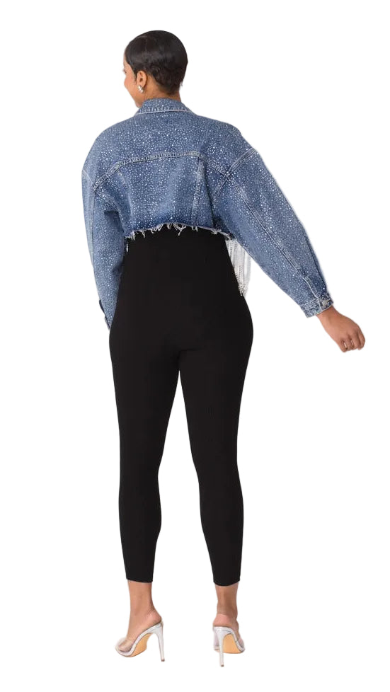 Rhinestone & Chain Fringe Cropped Denim Jacket - 82386