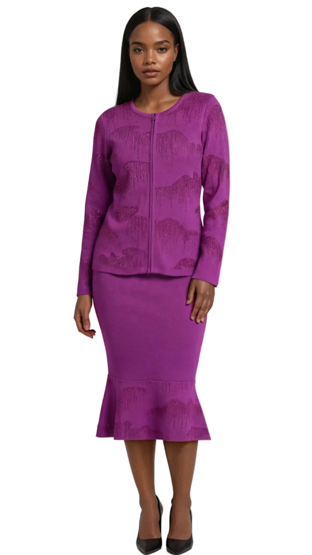 Rhinestone Knit Jacket & Skirt Set - 5397
