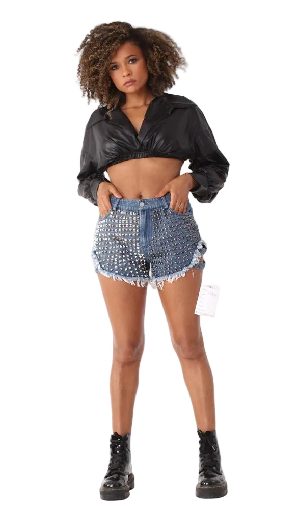 Studded Denim Shorts with Pearl Embellishments- 81850