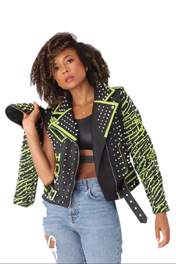 Studded Leather Jacket with Detachable Sleeves - 81989