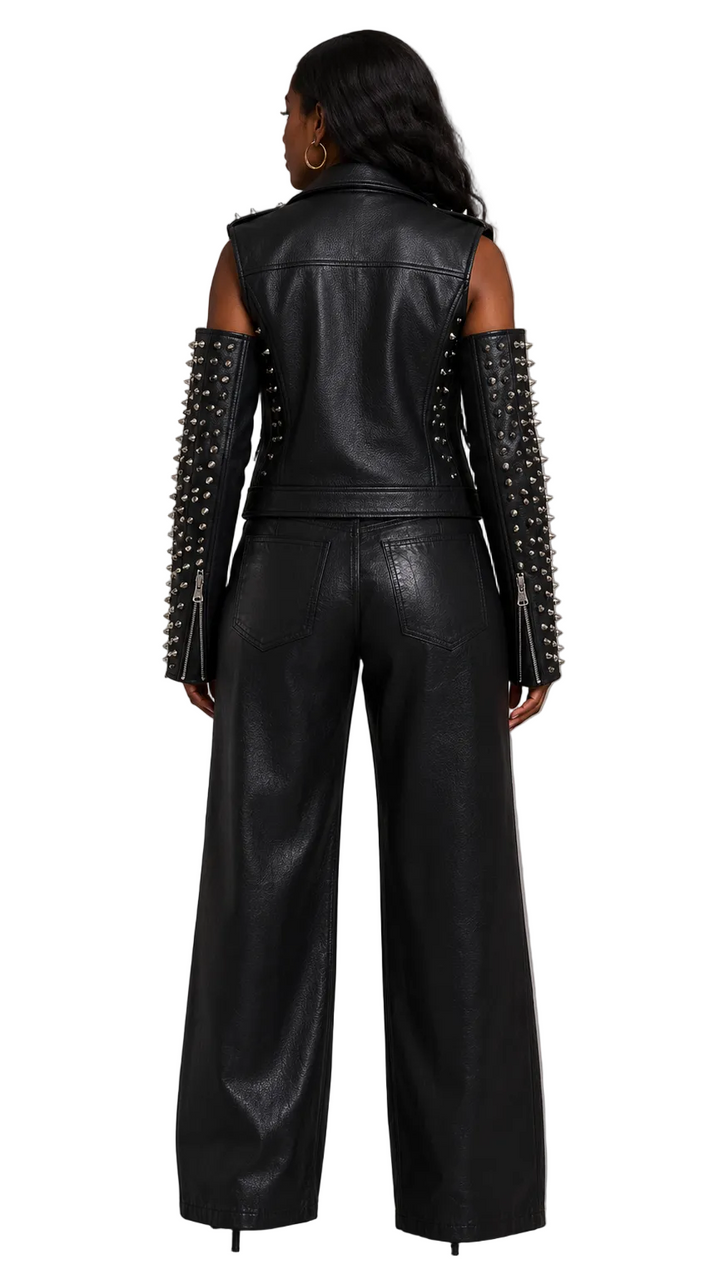 Studded Pleather Moto Jacket with Open Shoulders- 81936
