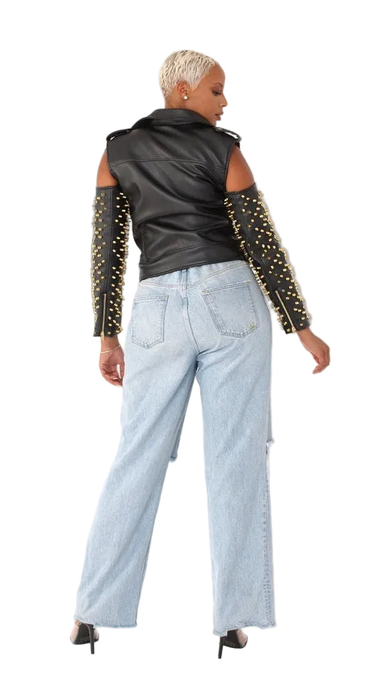 Studded Pleather Moto Jacket with Open Shoulders- 81936