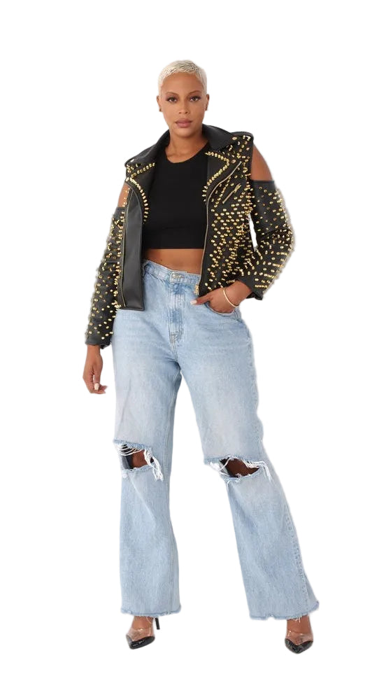 Studded Pleather Moto Jacket with Open Shoulders- 81936