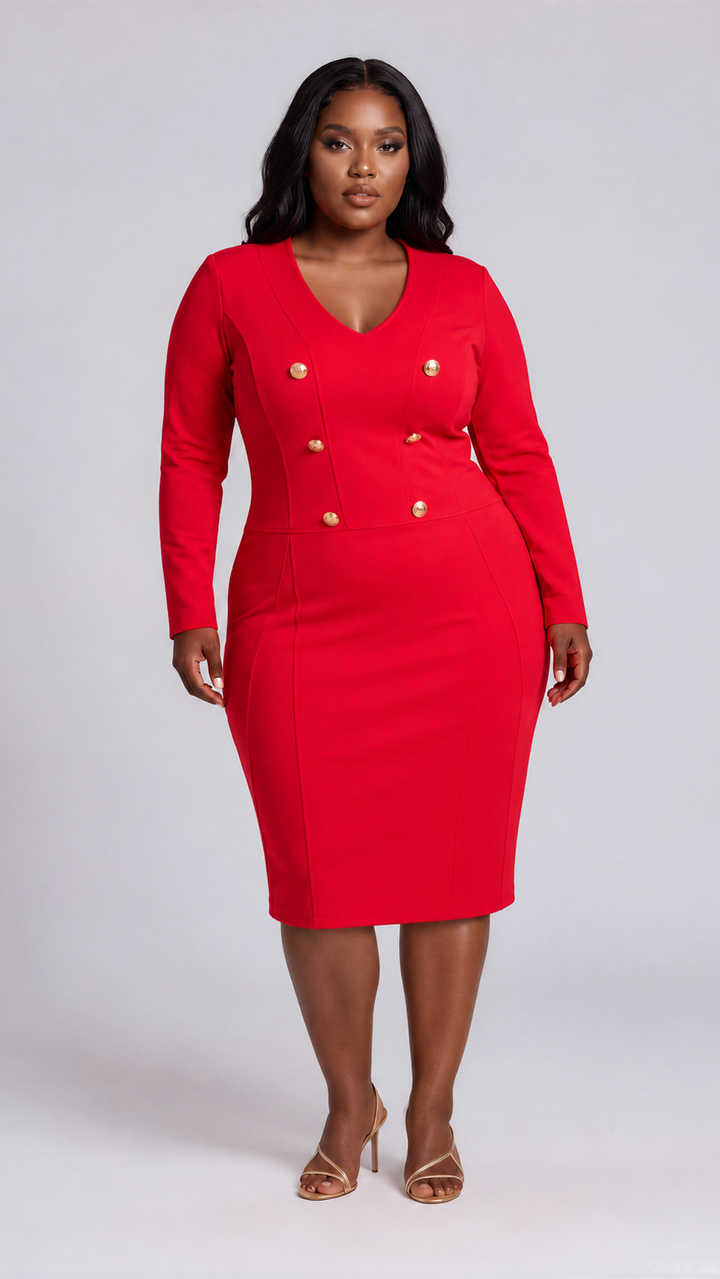 V-Neck Knit Dress with Gold Button Details- 51001