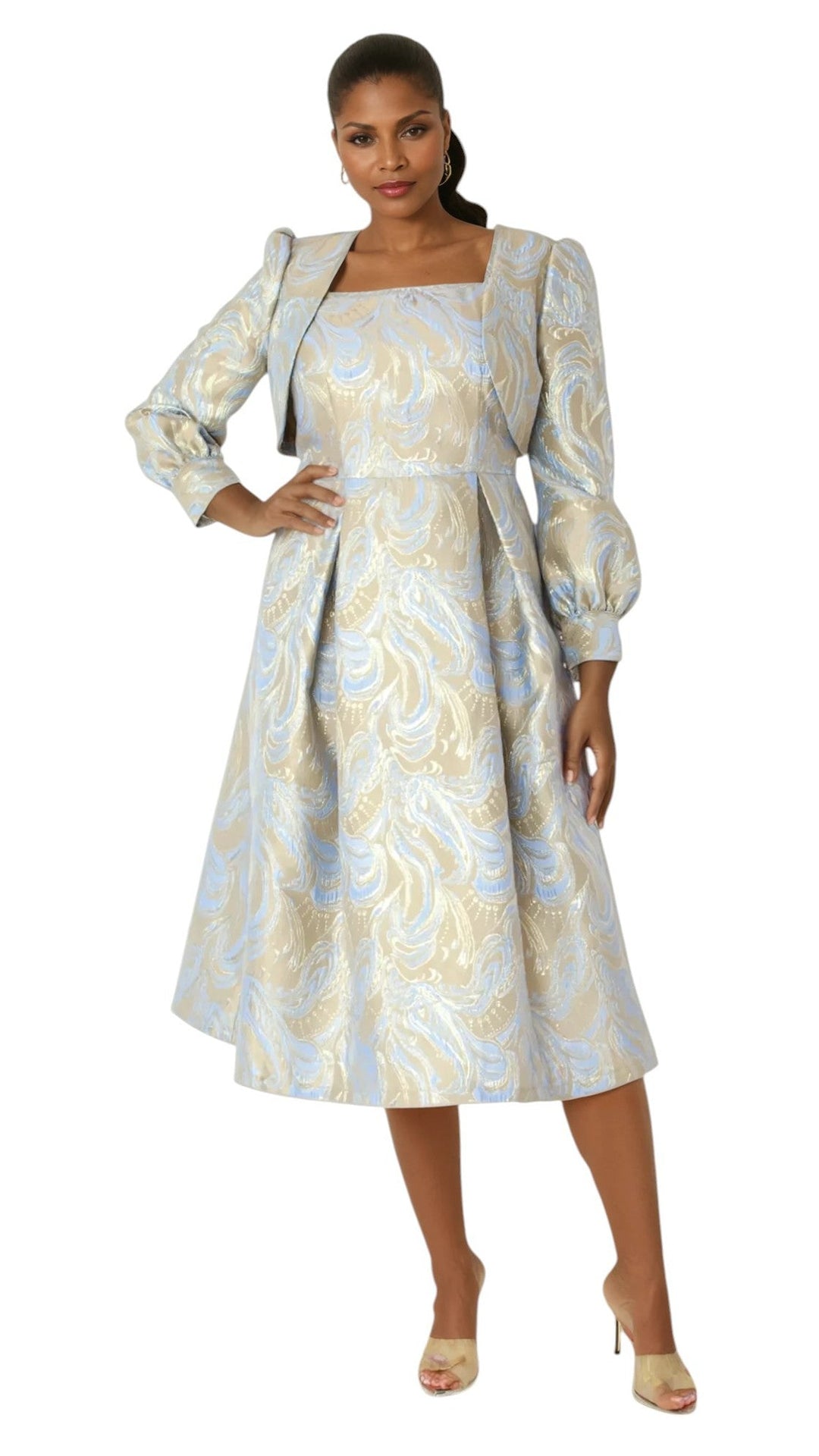 Two-Piece Metallic Swirl Brocade Dress with Balloon Sleeve Jacket- 4889