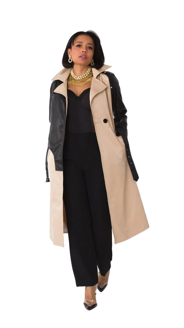 Two-Tone Leather Sleeve Trench Coat -82525