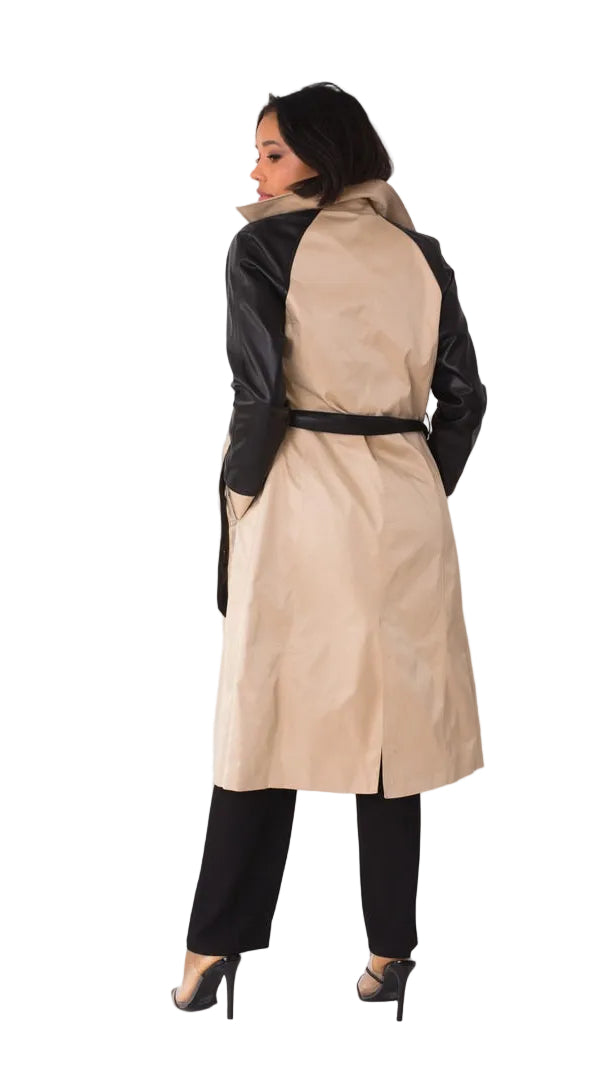 Two-Tone Leather Sleeve Trench Coat -82525
